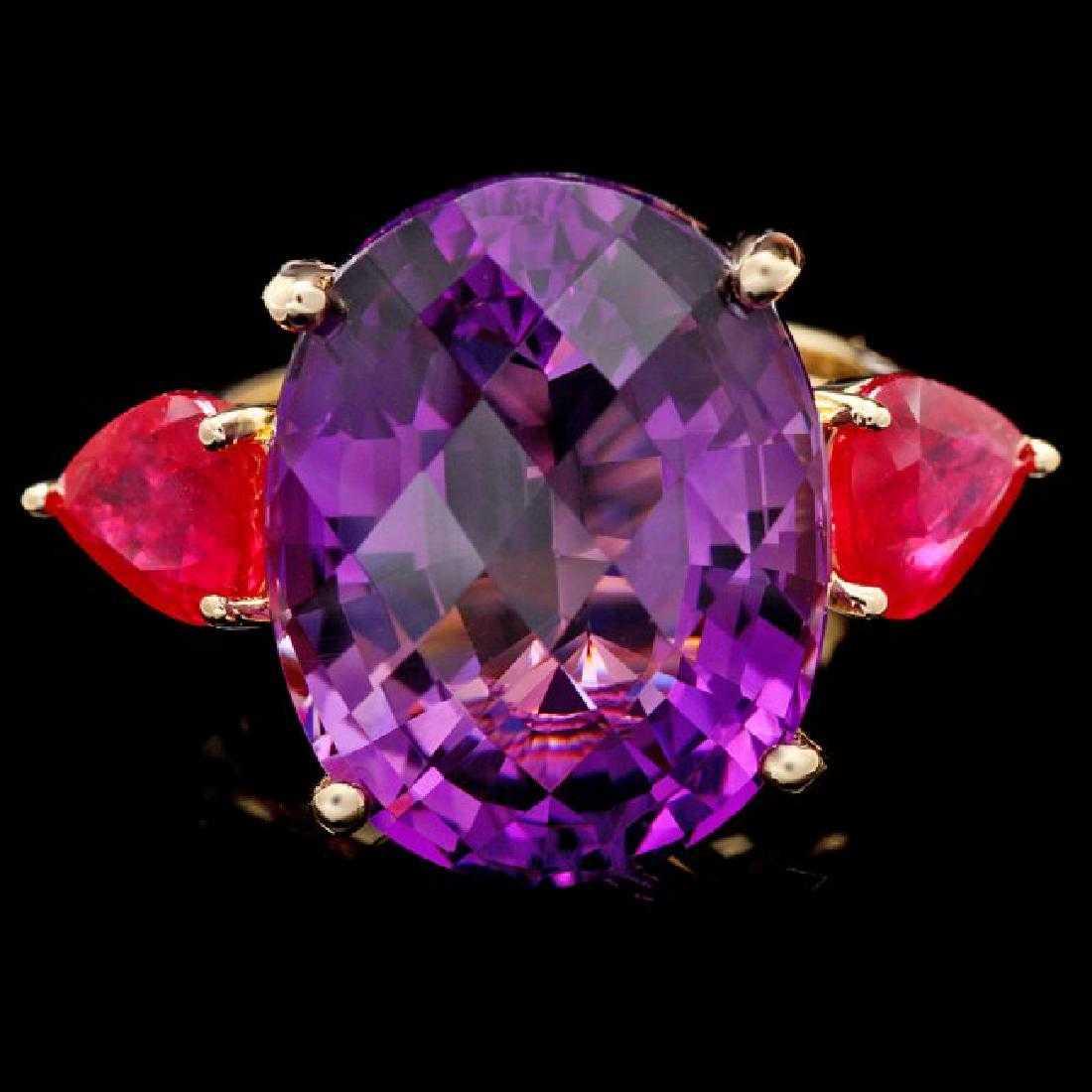 14K Yellow Gold 14.57ct Amethyst and 2.91ct Ruby Ring