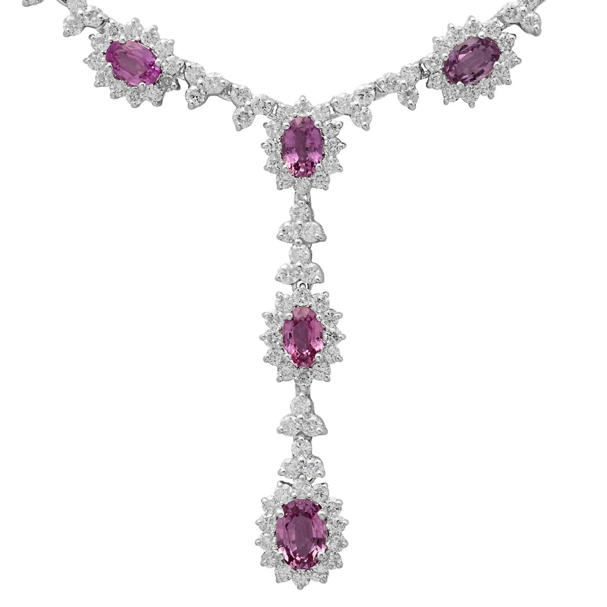 14k White Gold 7.71ct Pink Sapphire 7.41ct Diamond Necklace