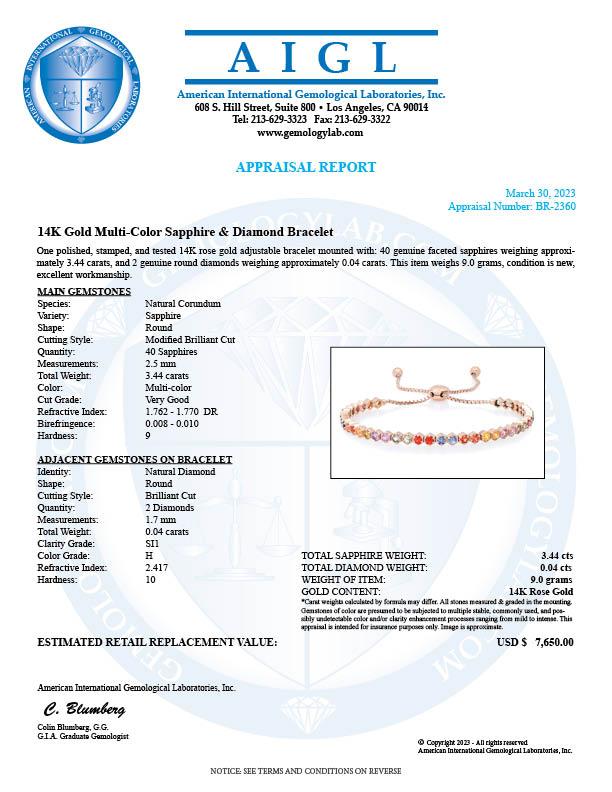 14K Rose Gold Setting with 3.44ct Sapphire and 0.04ct Diamond Bracelet