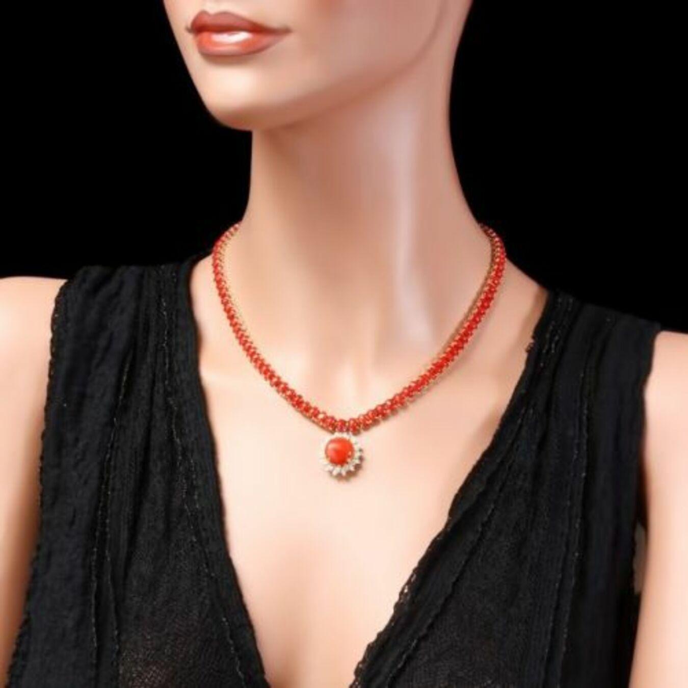 14K Yellow Gold 37.38ct Coral and 0.87ct Diamond Necklace