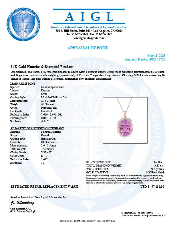 14K Rose Gold Setting with 65.0ct Kunzite and 3.52ct Diamond Pendant