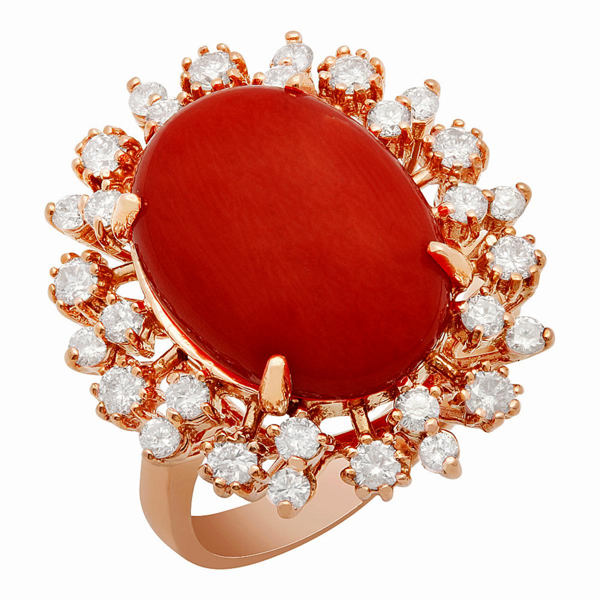 14K Gold 7.58ct Coral 1.01ct Diamond Ring