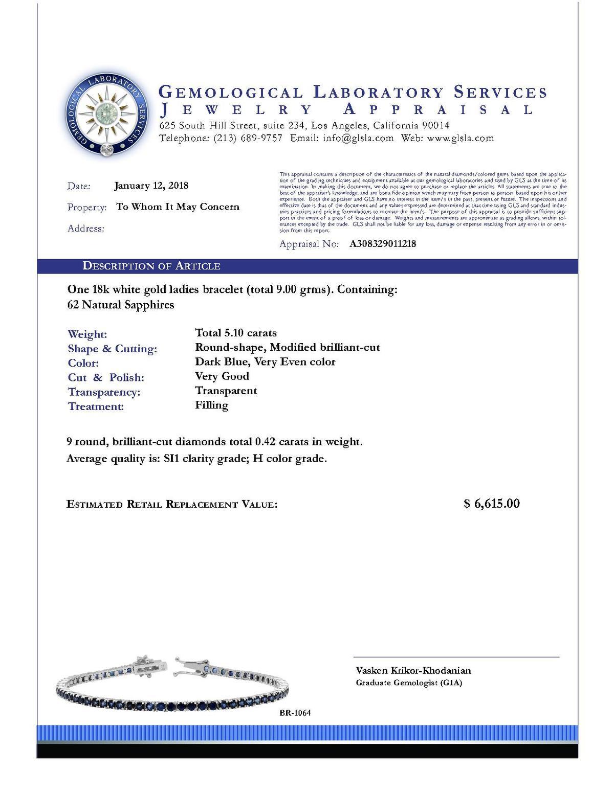 14k White Gold 5.10ct Sapphire 0.42ct Diamond Bracelet