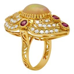 14k Yellow Gold 3.90ct Ethiopian Opal 0.90ct Ruby 1.49ct Diamond Ring