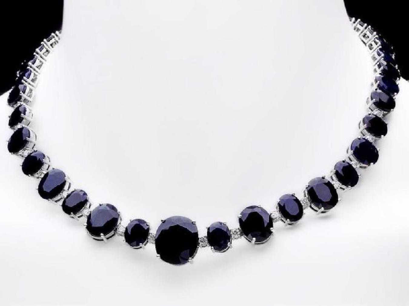 14K White Gold 164.72ct Sapphire and 1.74ct Diamond Necklace