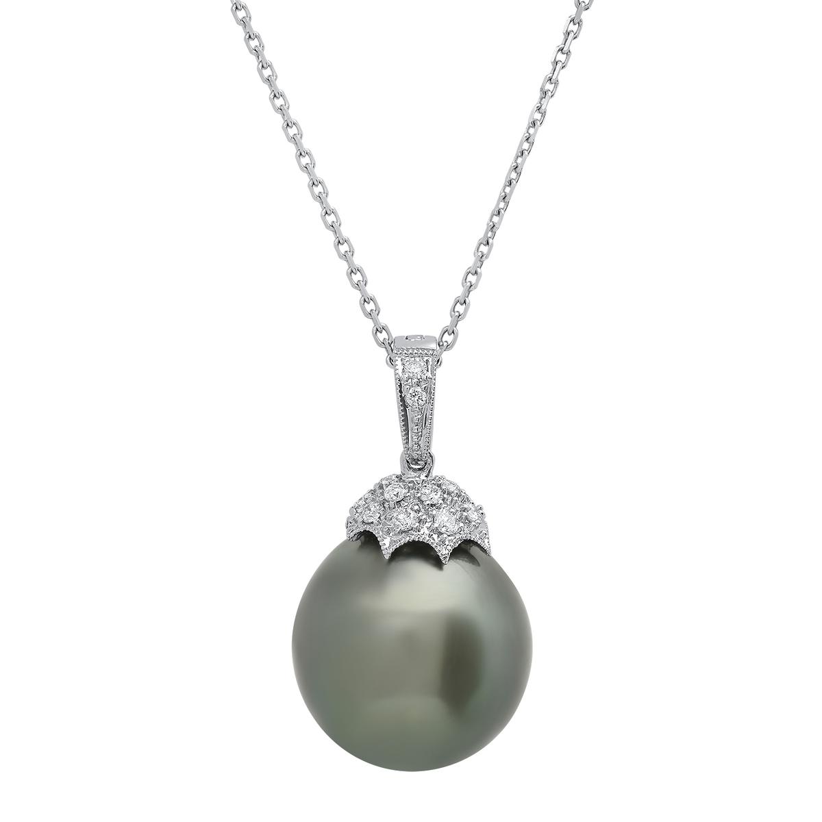 18K White Gold Setting with 15mm Tahitian Pearl and 0.27ct Diamond Pendant