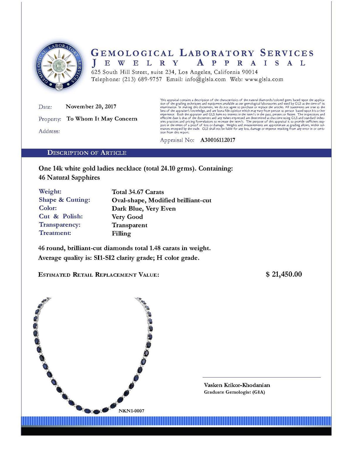 14k White Gold 34.67ct Sapphire 1.48ct Diamond Necklace