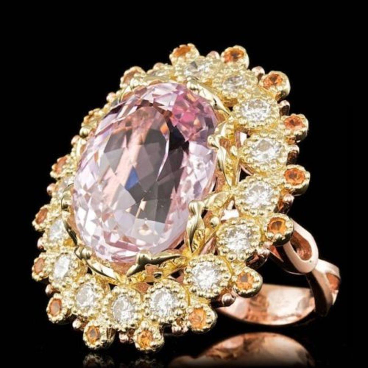 14K Yellow Gold 16.64ct Kunzite 0.72ct Sapphire and 1.78ct Diamond Ring