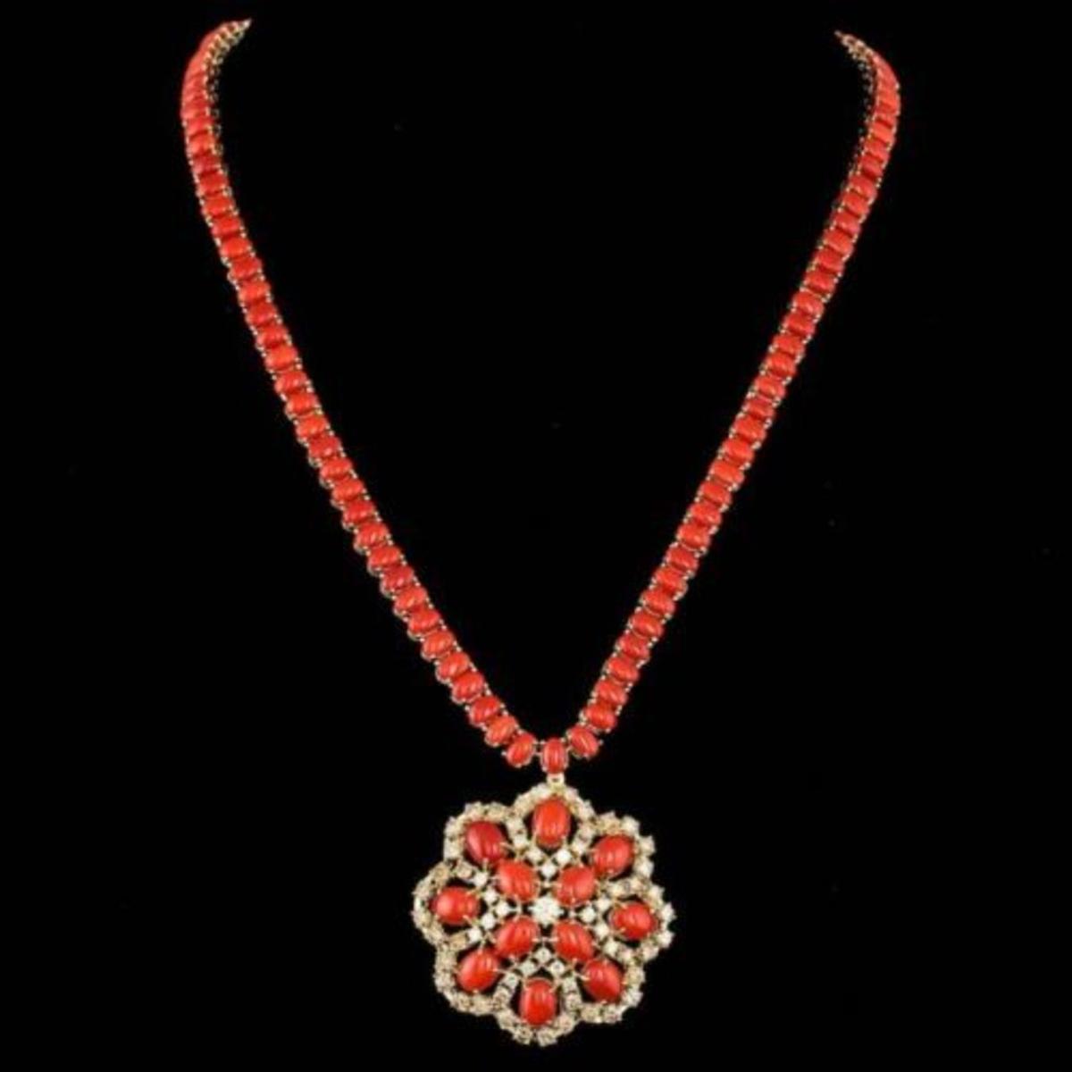 14K Yellow Gold 56.35ct Coral and 5.38ct Diamond Necklace