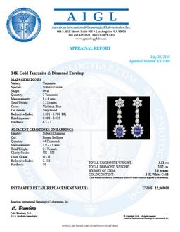 14k Gold 3.21ct Tanzanite 2.17ct Diamond Earrings