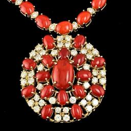 14K Yellow Gold 59.82ct Coral and 6.29ct Diamond Necklace