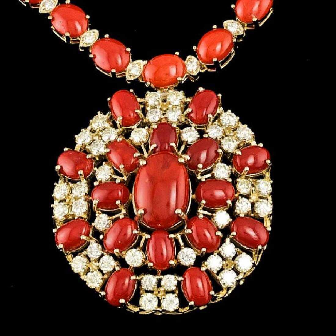 14K Yellow Gold 59.82ct Coral and 6.29ct Diamond Necklace