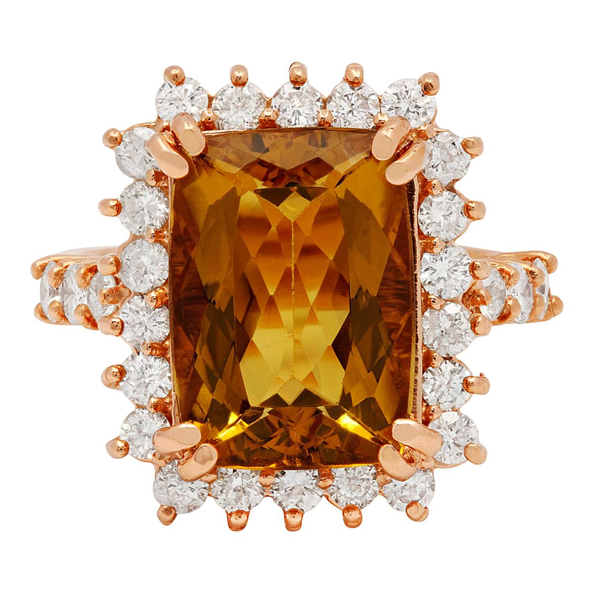 14k Rose Gold 4.82ct Yellow Beryl 0.80ct Diamond Ring