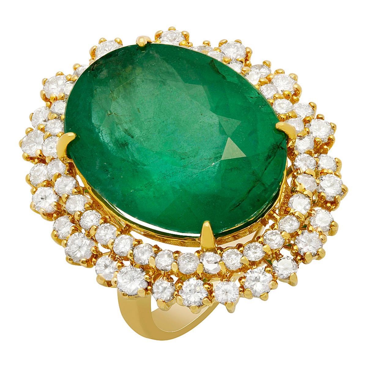 14k Yellow Gold 18.21ct Emerald 2.14ct Diamond Ring