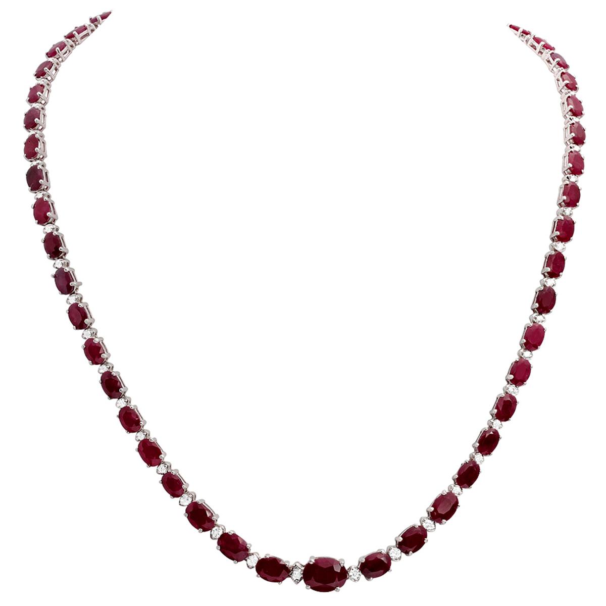 14k White Gold 30.47ct Ruby 1.31ct Diamond Necklace