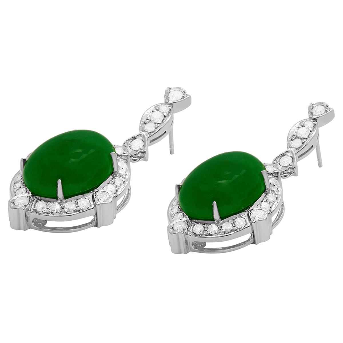 14k White Gold 12.56ct Jade 1.68ct Diamond Earrings