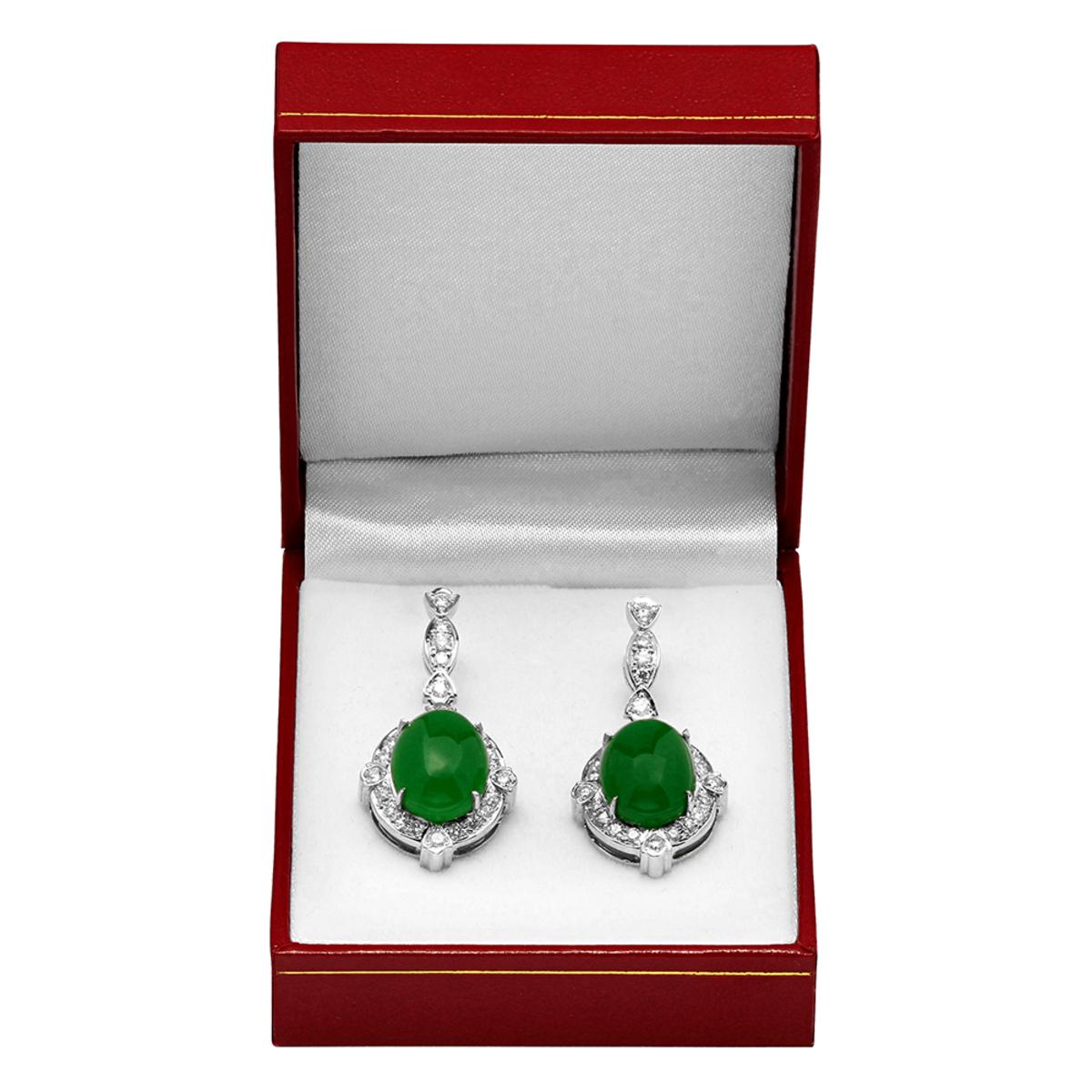 14k White Gold 12.56ct Jade 1.68ct Diamond Earrings