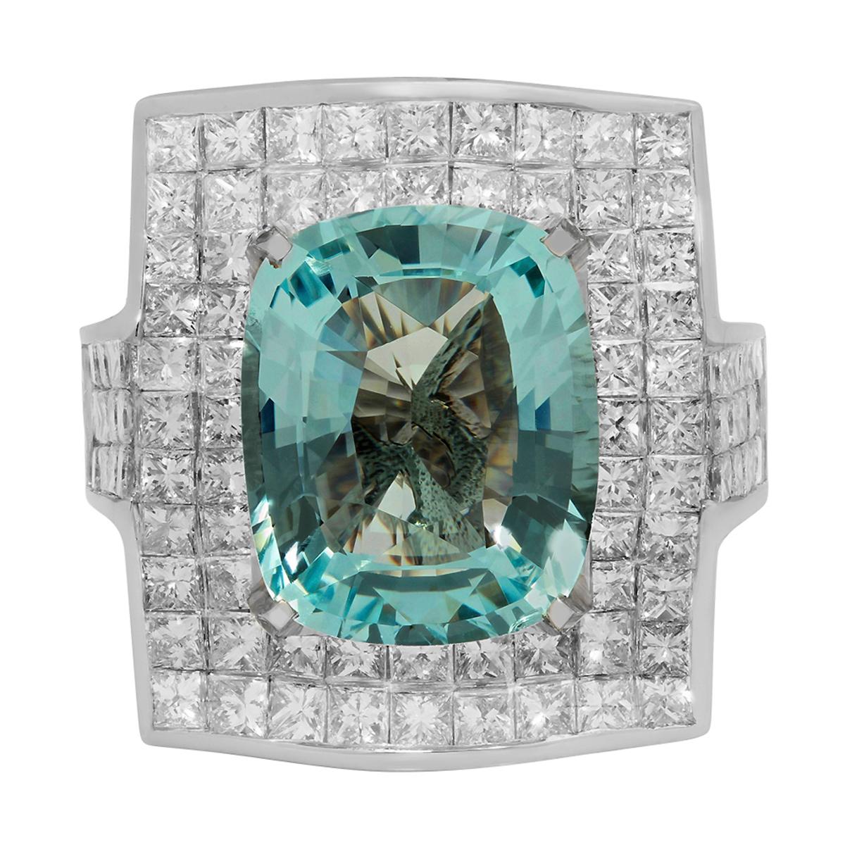 14k White Gold 7.82ct Aquamarine 7.09ct Diamond Ring