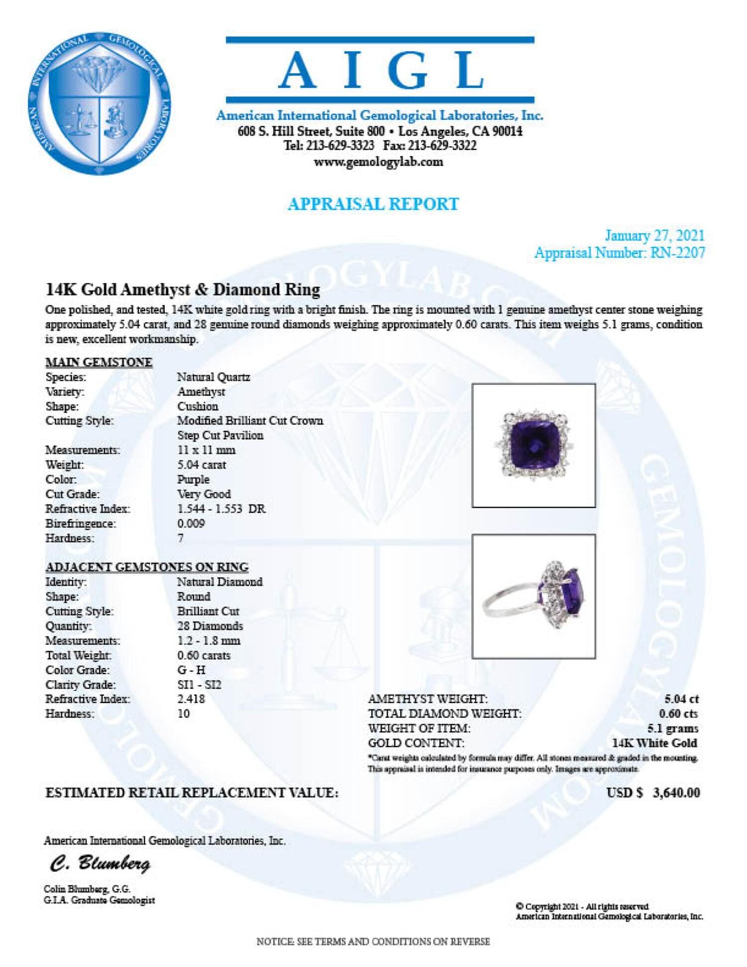 14K White Gold 5.04ct Amethysist and 0.60ct Diamond Ring