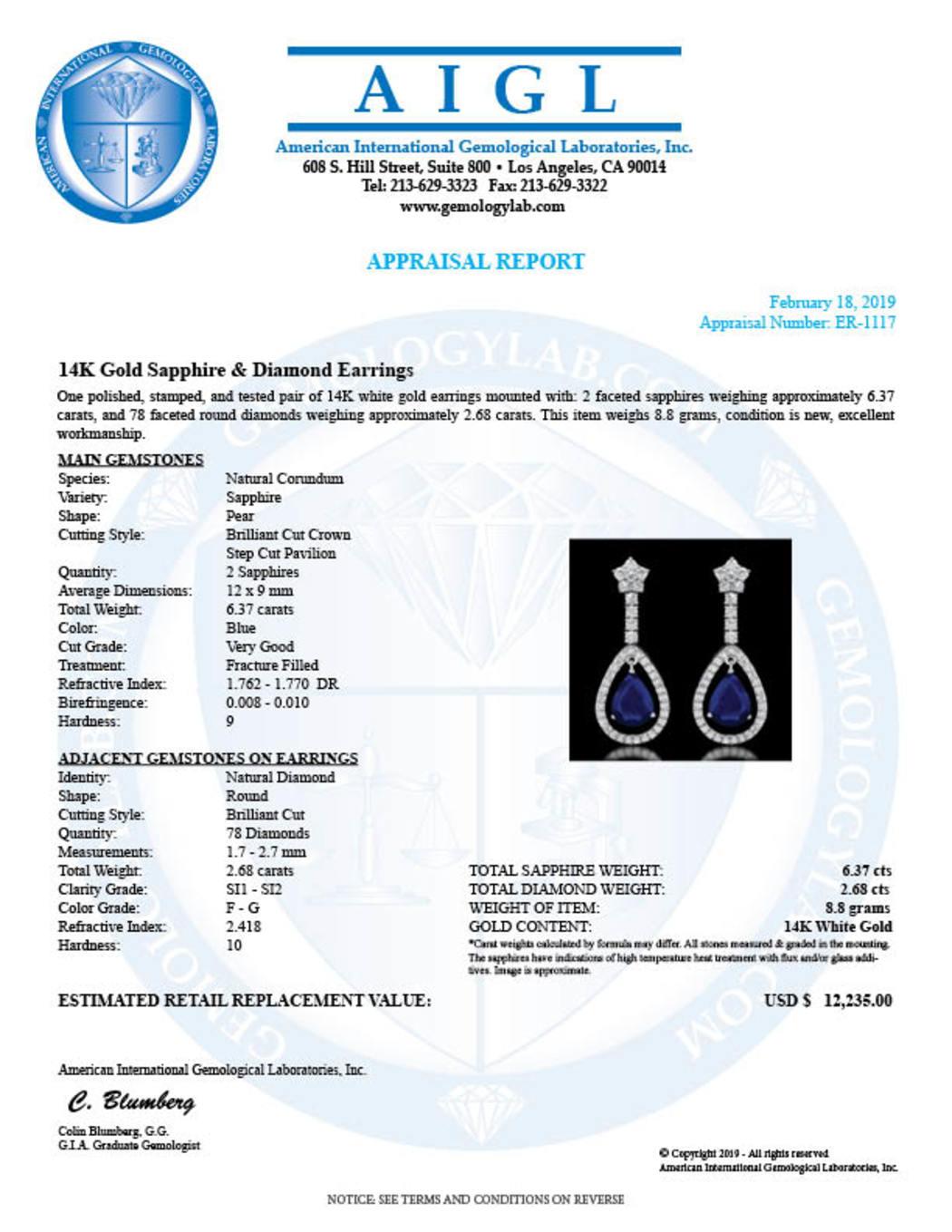 14K White Gold 6.37ct Sapphire and 2.68ct Diamond Earrings