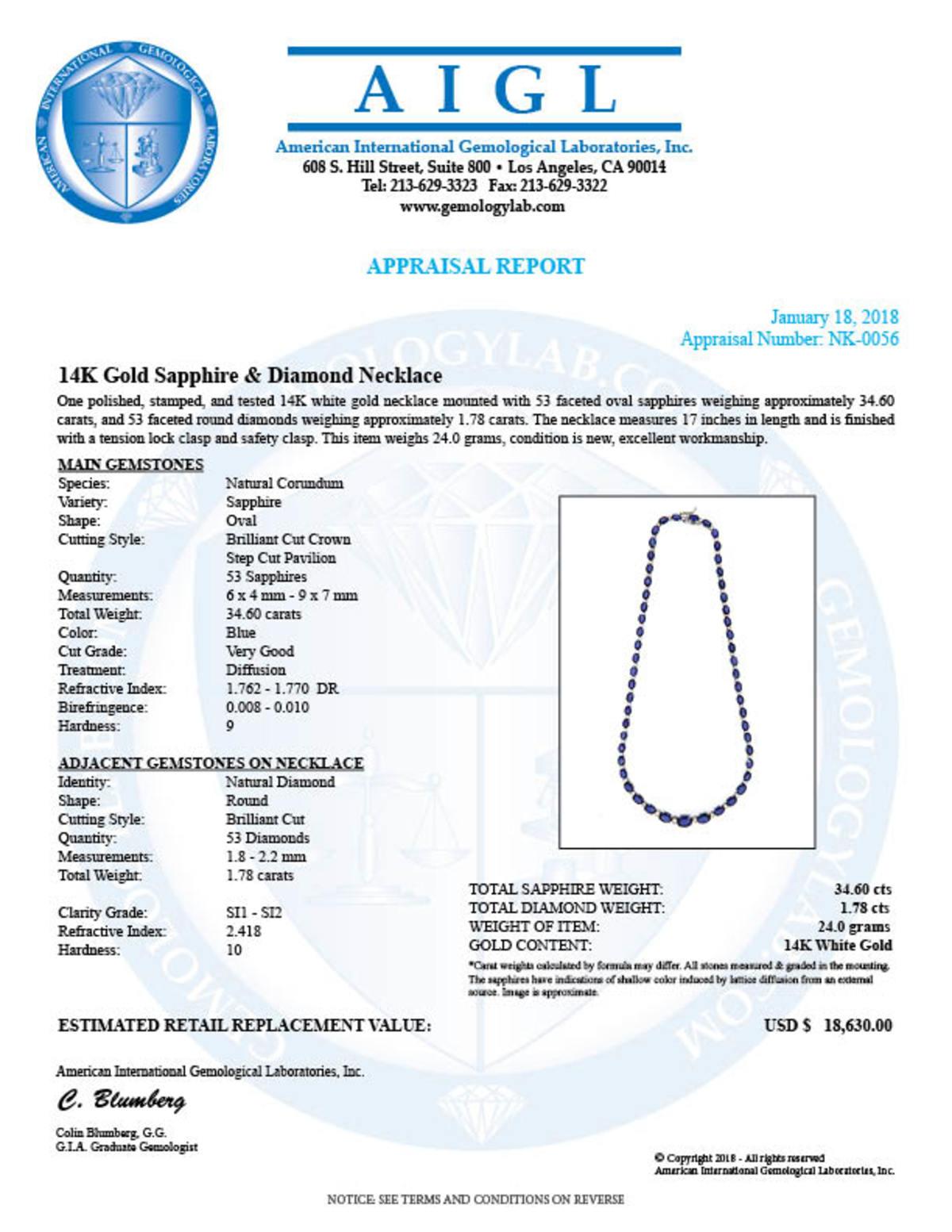 14k White Gold 34.60ct Sapphire 1.78ct Diamond Necklace
