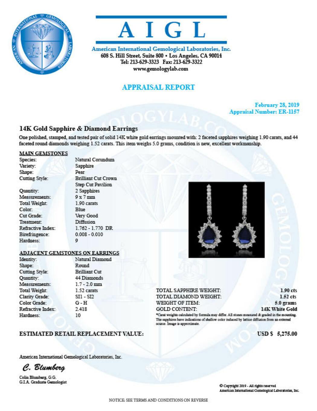 14K White Gold 1.90ct Sapphire and 1.52ct Diamond Earrings