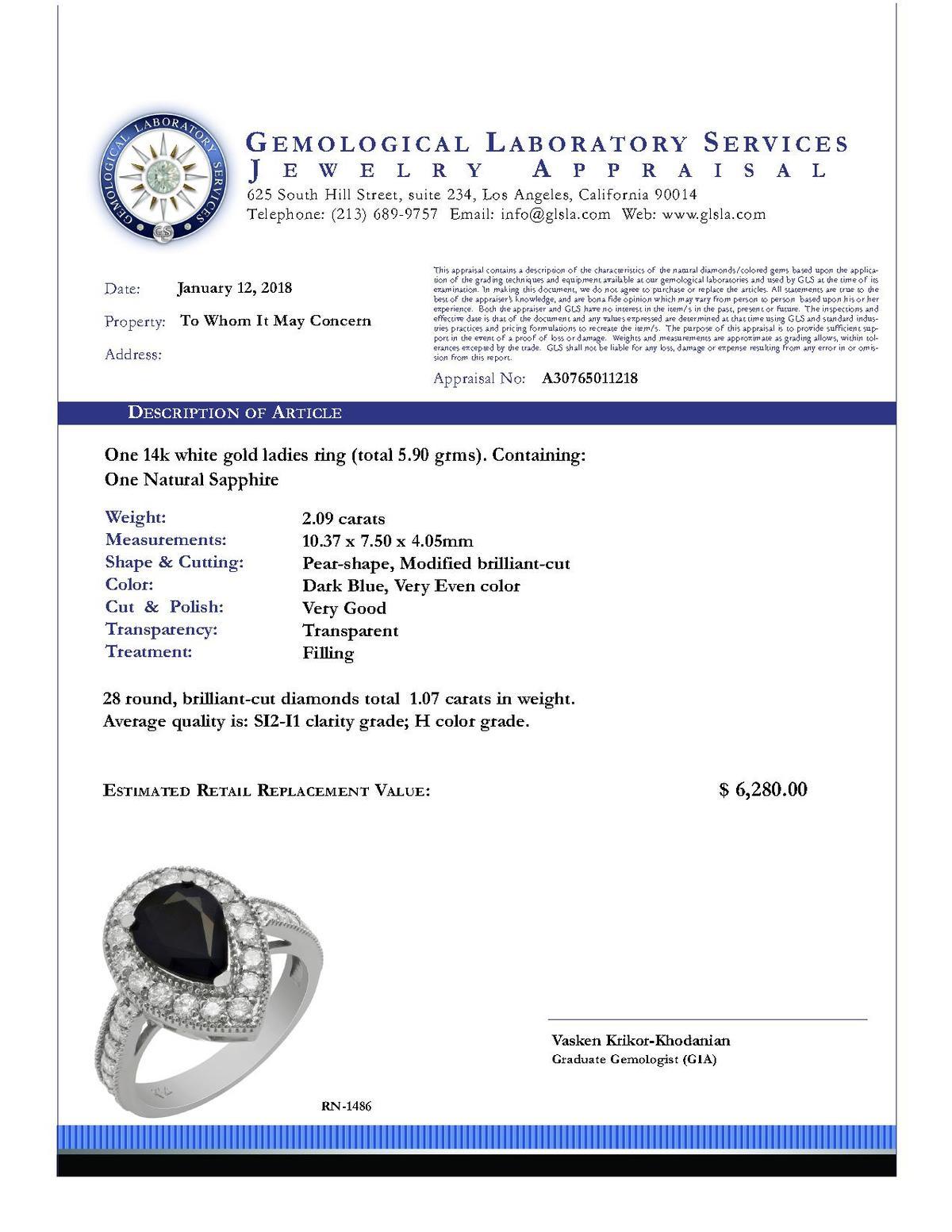 14k White Gold 2.09ct Sapphire 1.07ct Diamond Ring