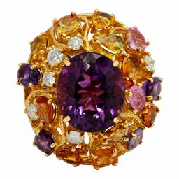 14k Yellow Gold 8.85ct Amethyst 5.42ct Multi-Stone 0.72ct Diamond Ring