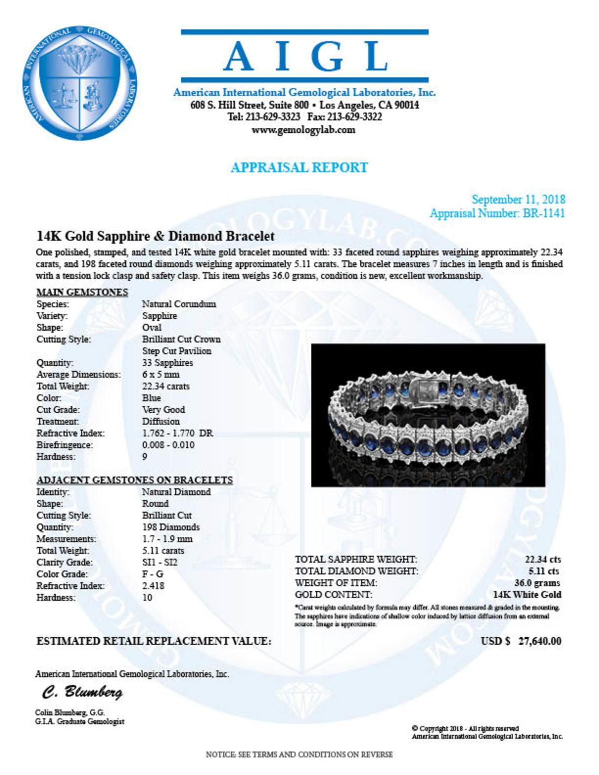 14k White Gold 22.34ct Sapphire 5.11ct Diamond Bracelet