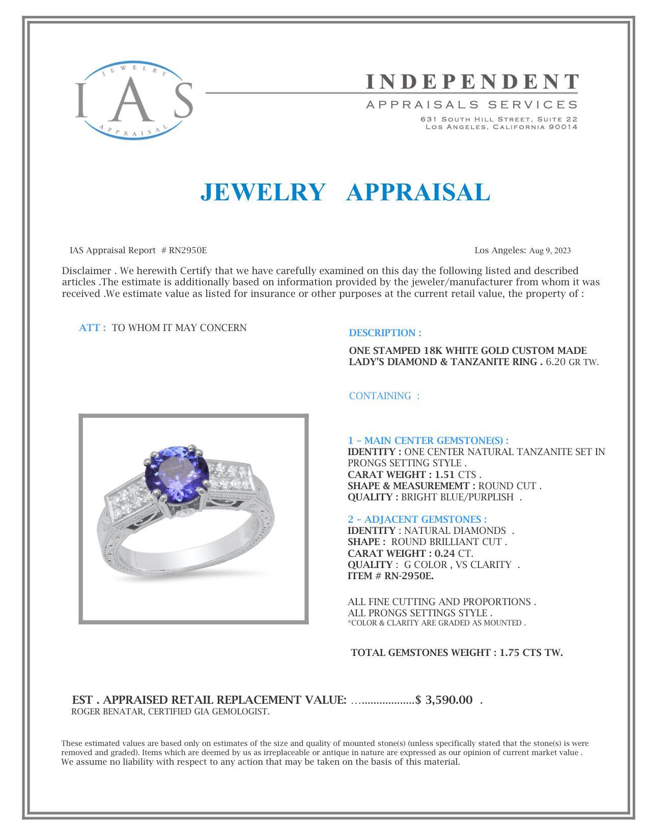 18K White Gold Setting with 1.51ct Tanzanite and 0.24ct Diamond Ladies Ring