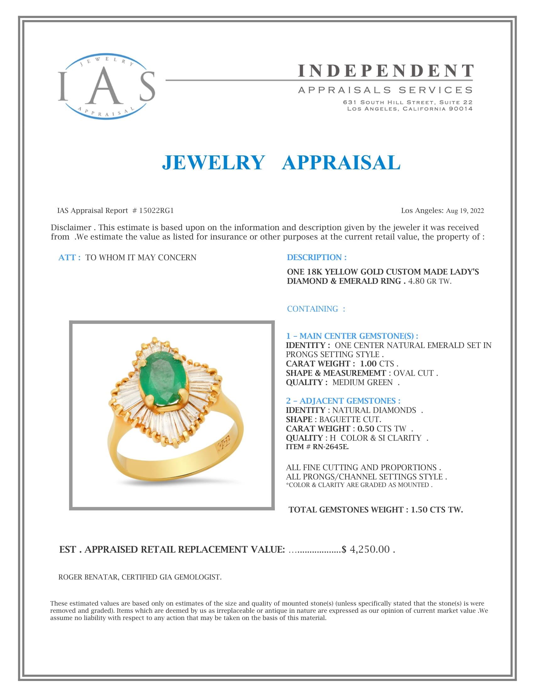 18K Yellow Gold Setting with 1.00ct Emerald and 0.50ct Diamond Ring