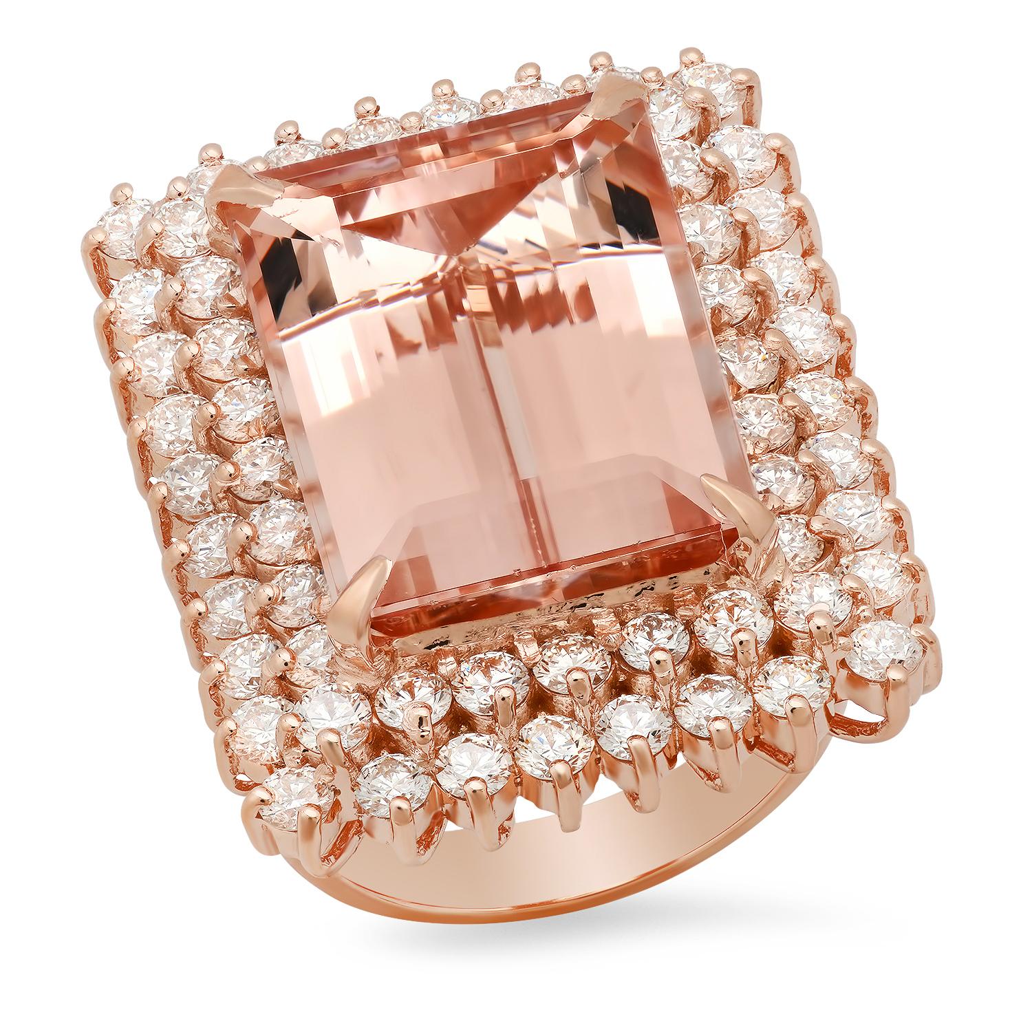 14K Rose Gold with 16.50ct Morganite and 3.33ct Diamond Ladies Ring