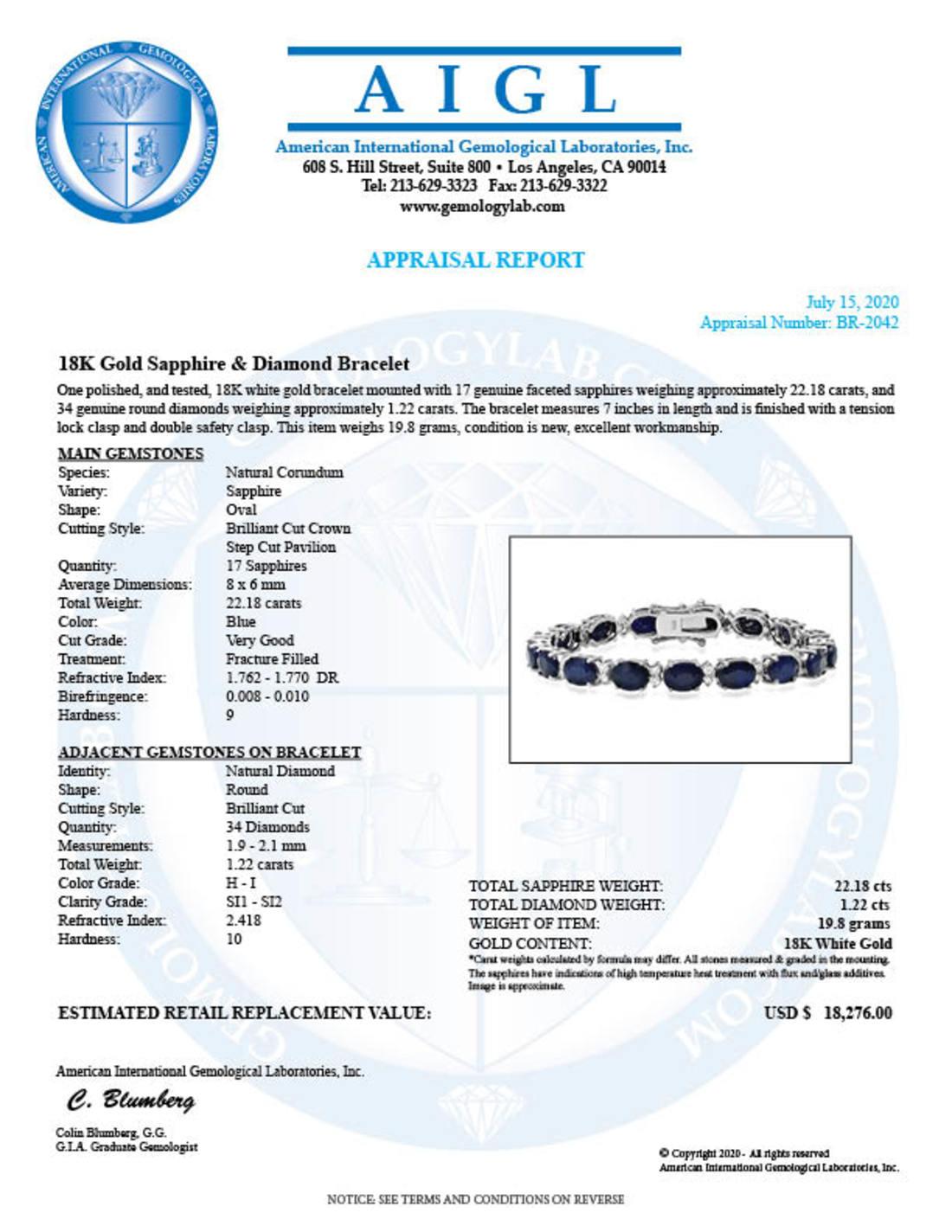 18K White Gold 22.18ct Sapphire and 1.22ct Diamond Bracelet