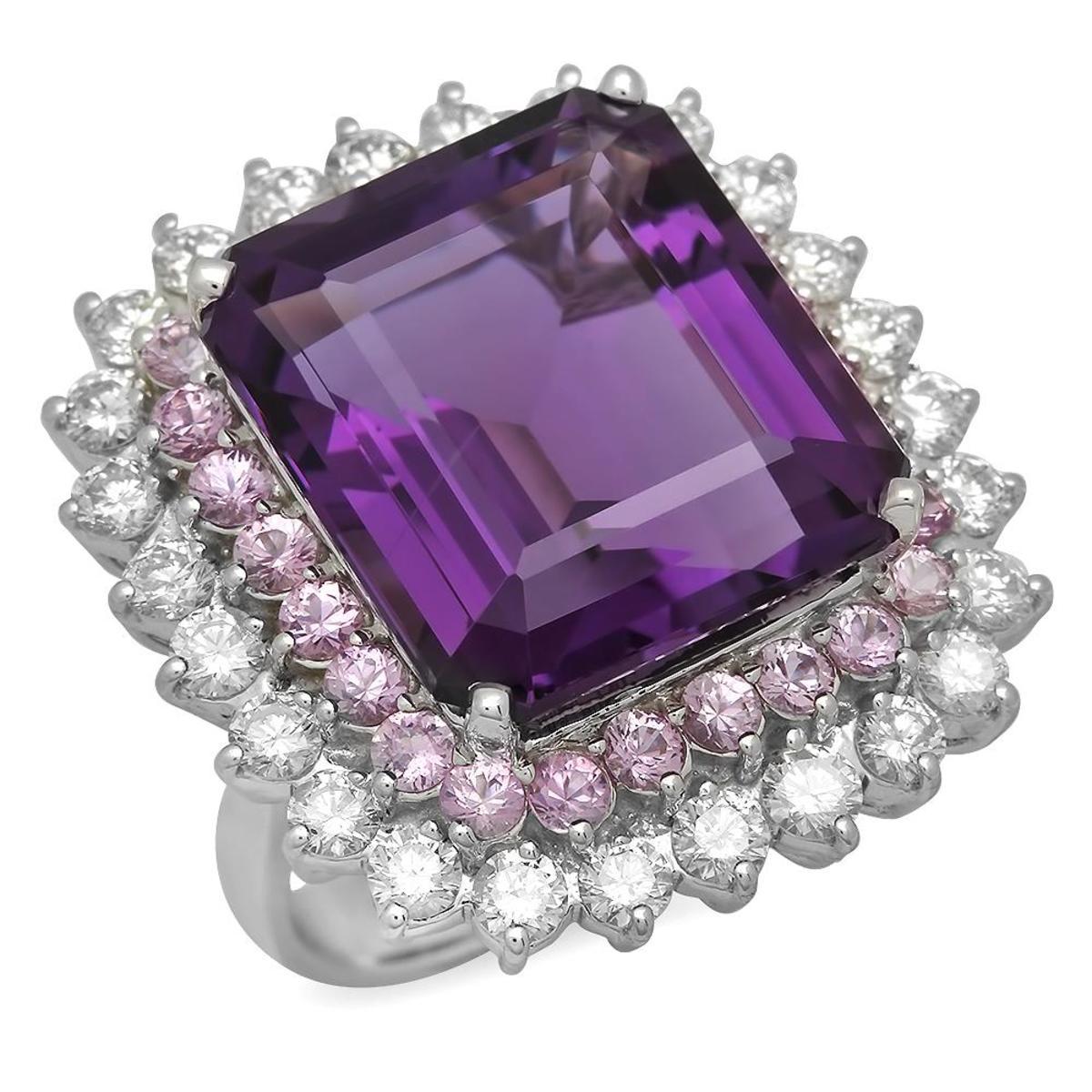 14K White Gold 20.26ct Amethyst 2.01ct Pink Sapphire and 2.43ct Diamond Ring