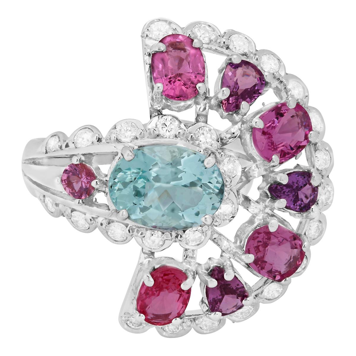 14k White Gold 3.04ct Aquamarine 5.36ct Pink Sapphire 1.02ct Diamond Ring