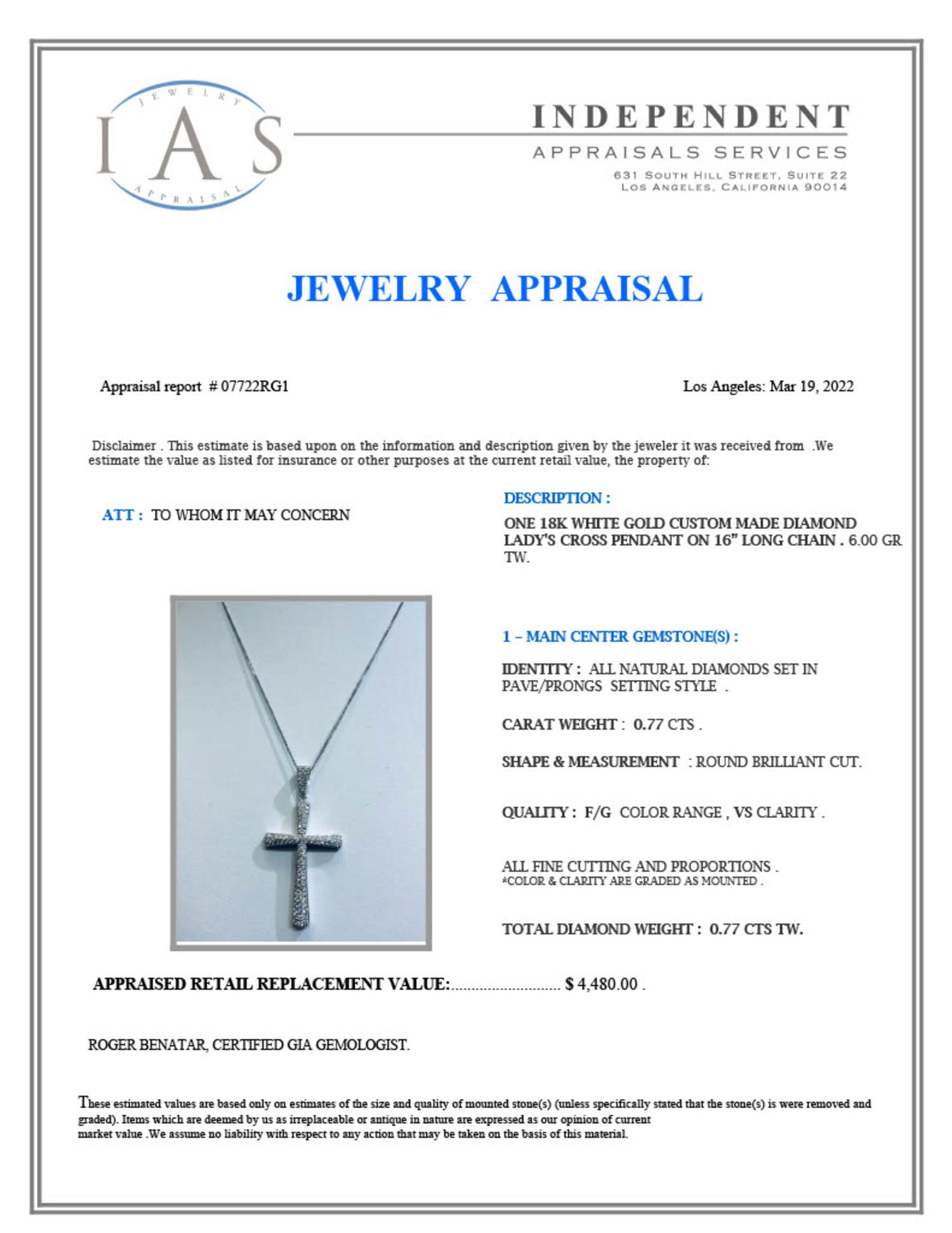 18K White Gold setting with 0.77ct Diamond Cross Pendant