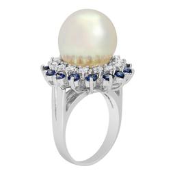 14k White Gold 13.5mm Pearl 1.37ct Sapphire 0.74ct Diamond Ring