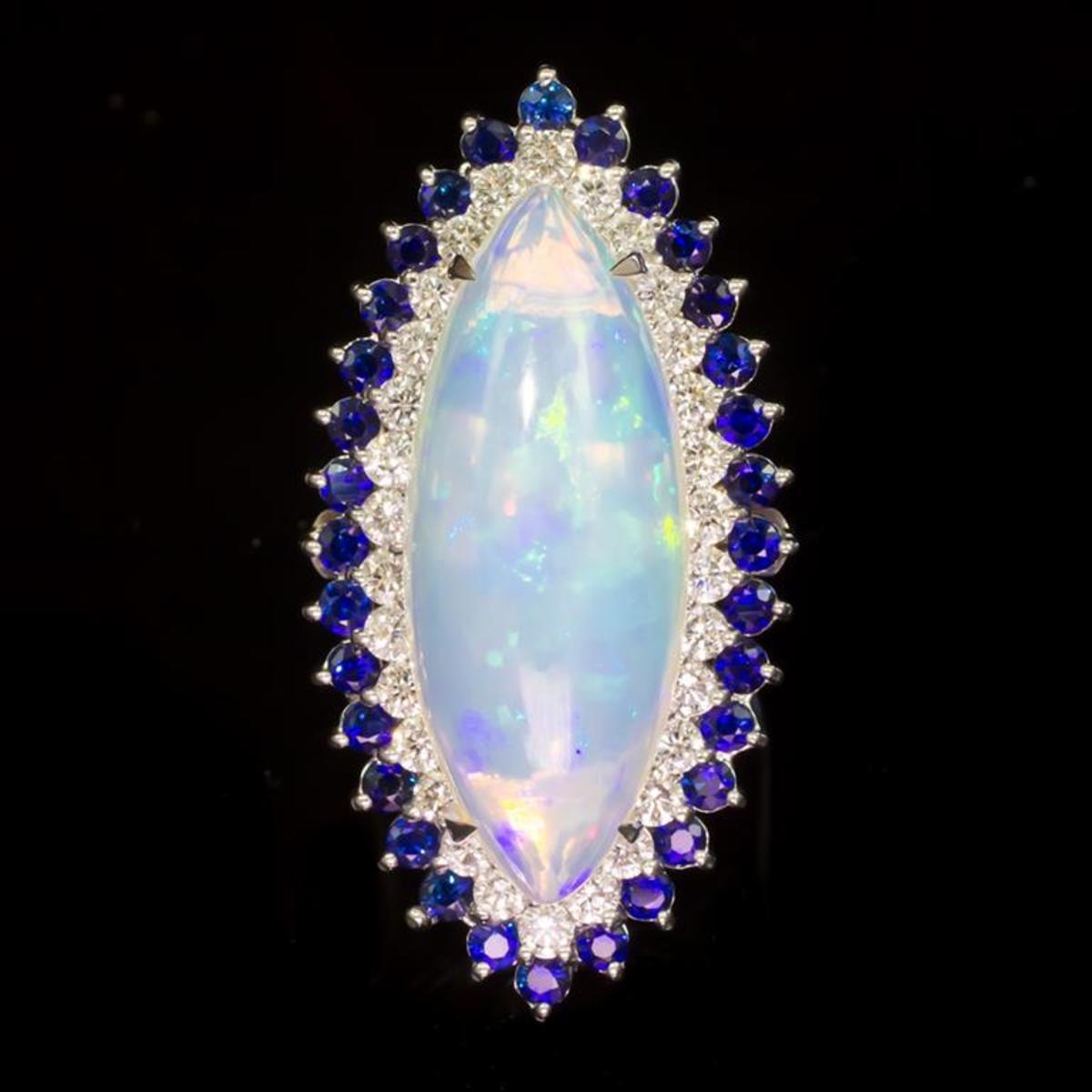 14K White Gold 15.65ct Opal 1.17ct Sapphire and 1.89ct Diamond Ring