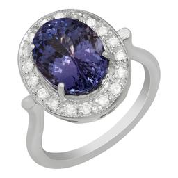 14k White Gold 5.61ct Tanzanite 0,32ct Diamond Ring