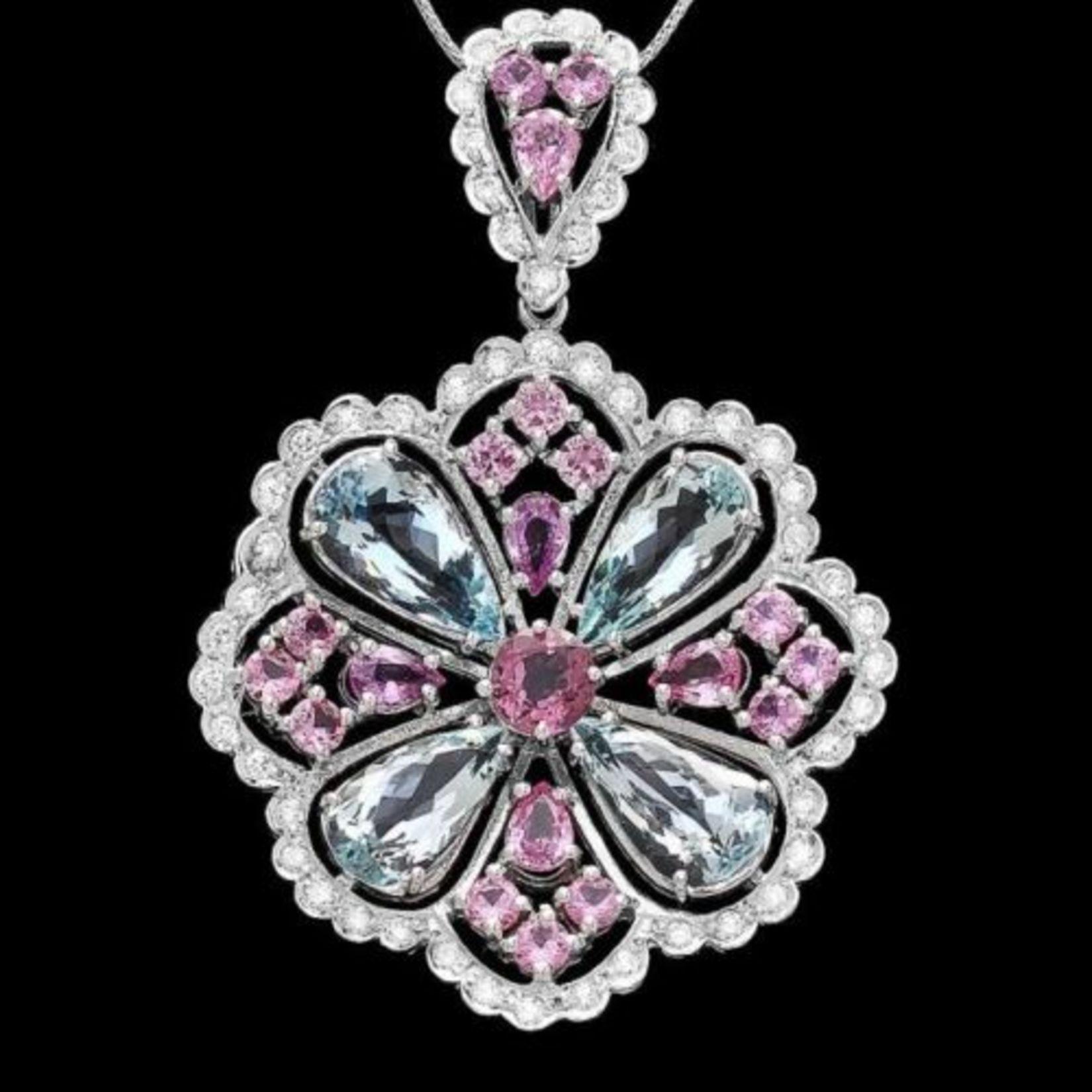 14K Gold 11.85ct Aquamarine 1.56ct Spinel 4.99ct Sapphire and 1.39ct Diamond Pendant