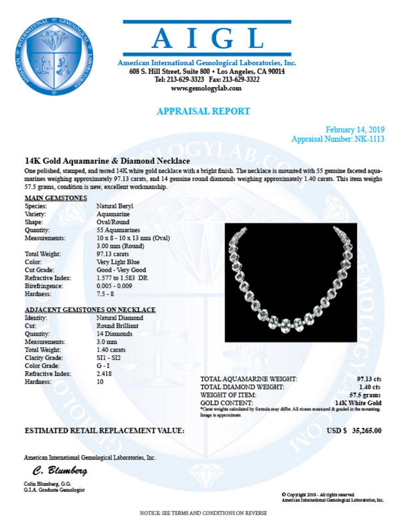 14K White Gold 97.13ct Aquamarine and 1.40ct Diamond Necklace
