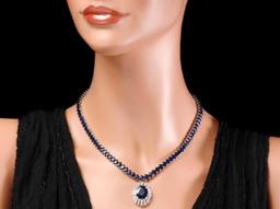 14K White Gold 58.0ct Sapphire and 1.74ct Diamond Necklace