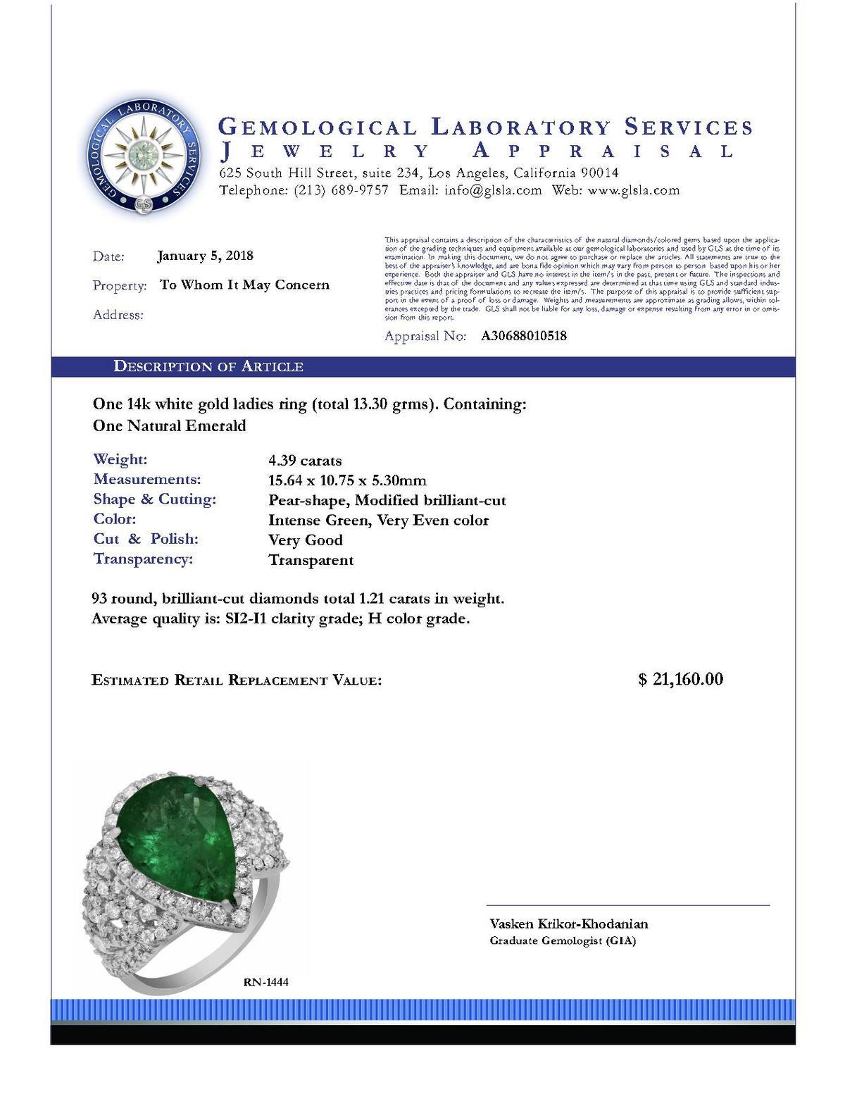 14k White Gold 4.39ct Emerald 1.21ct Diamond Ring