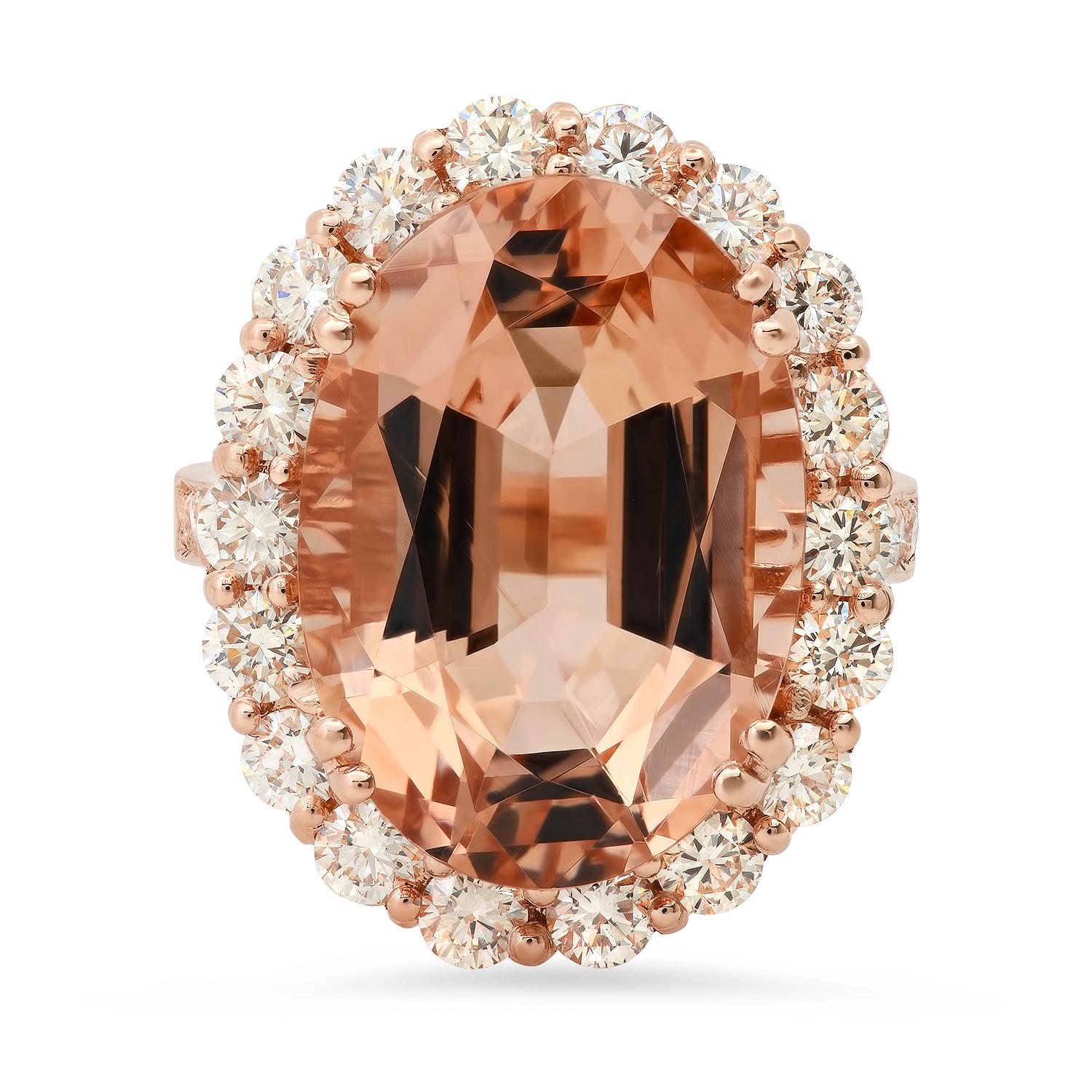 14K Rose Gold with 13.35ct Morganite and 1.84ct Diamond Ladies Ring