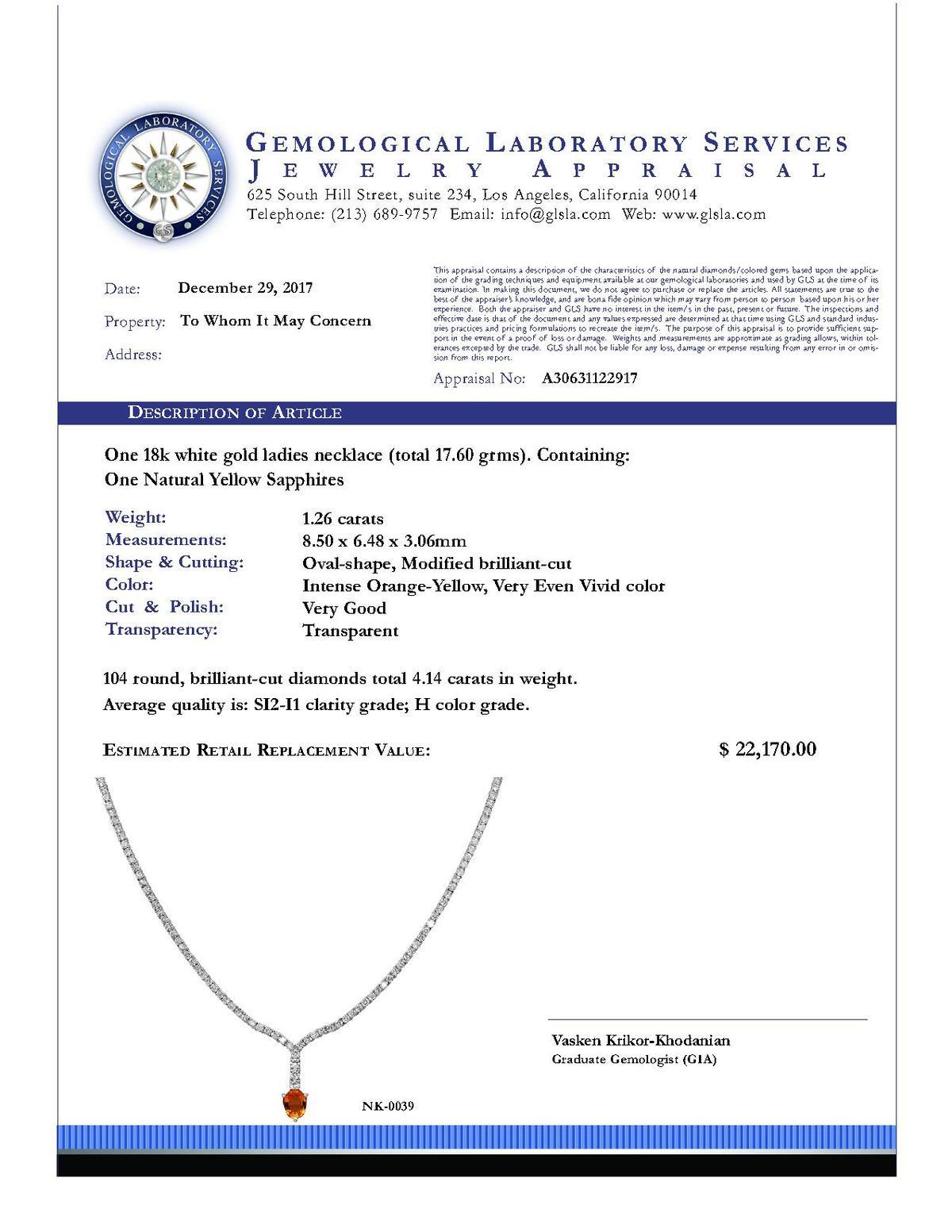 14k White Gold 1.26ct Yellow Sapphire 4.14ct Diamond Necklace