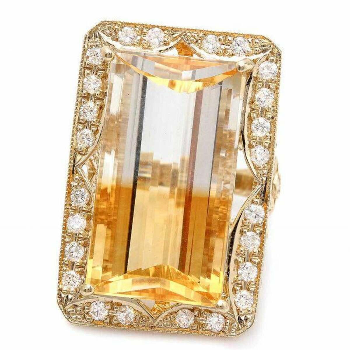 14K Yellow Gold 27.65ct Citrine and 1.14ct Diamond Ring