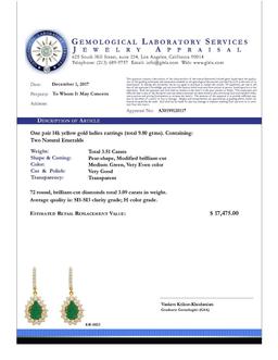 14k Yellow Gold 3.51ct Emerald 3.09ct Diamond Earrings