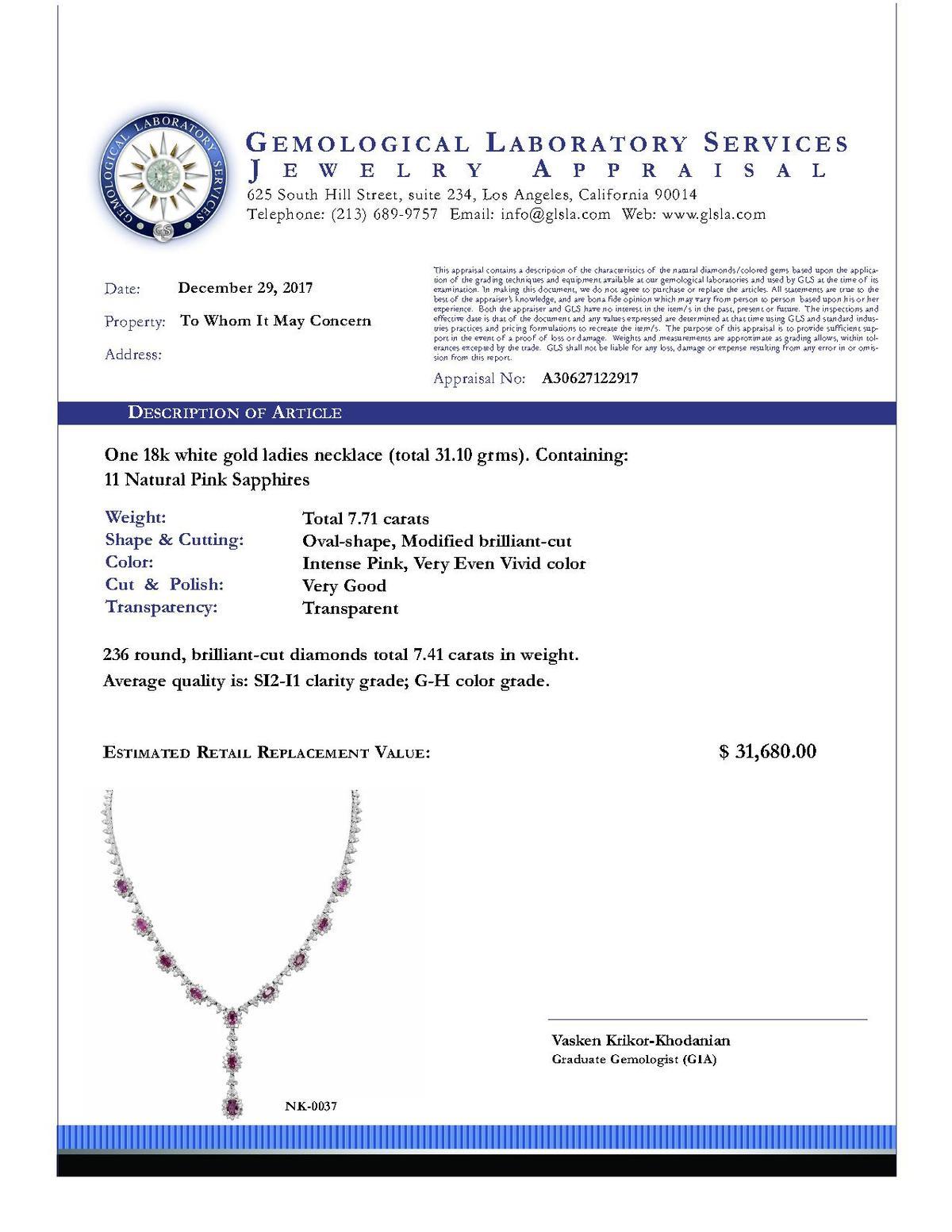 14k White Gold 7.71ct Pink Sapphire 7.41ct Diamond Necklace