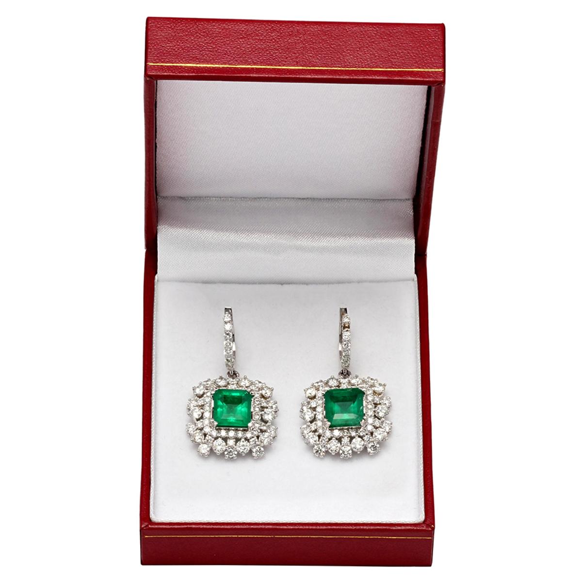 14k White Gold 5.72ct Emerald 5.69ct Diamond Earrings