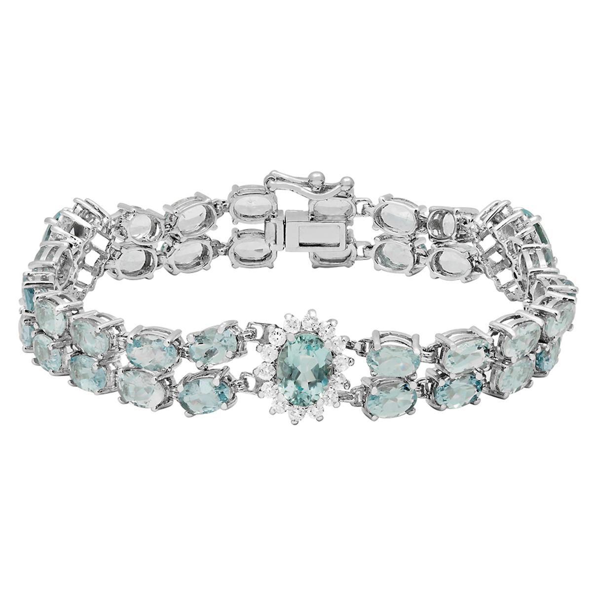 14k White Gold Aquamarine 16.78ct Light Aqua-Blue 1.20ct Diamond Bracelet